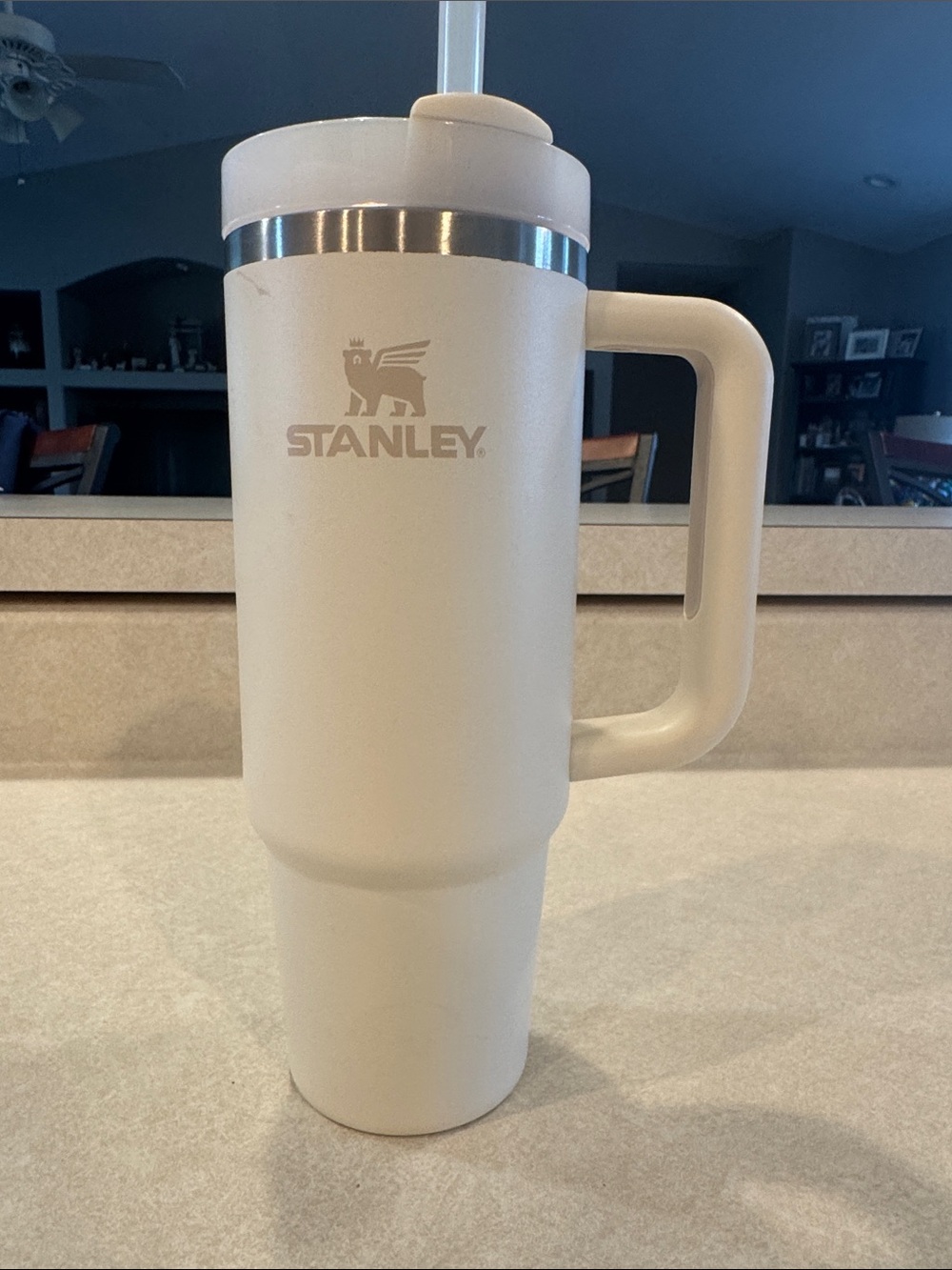 Stanley Cream Insulated Travel Mug with Handle and Straw